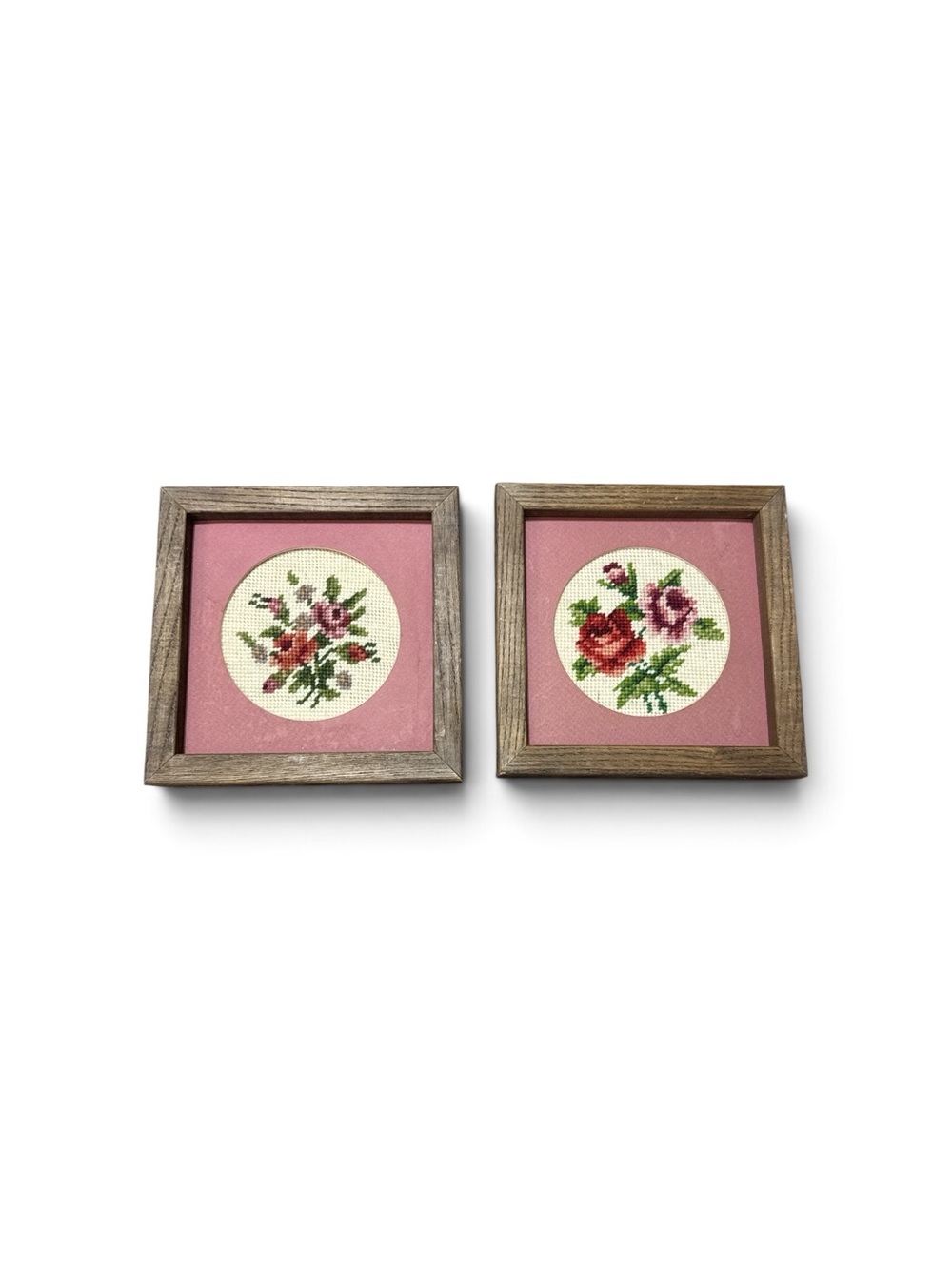 Vintage 1970s Pair Floral Needlepoint Framed Wall Art Mauve Cottagecore